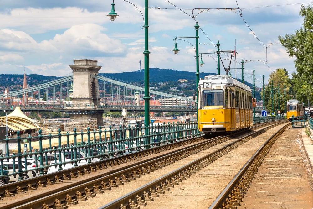 tram Budapest con ponte delle catene sullo sfondo